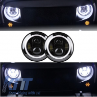 Fanária Emprós CREE LED 7 intsón Amber Halo DRL katállhloi gia Jeep Wrangler JK TJ LJ Land Rover Defender Mercedes W463 Mavro-image-5999902