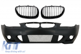 image-9-Front Bumper with Central Grilles Kidney Piano Black suitable for BMW 5 Series E60/E61 2003-2009 M-Technik Design Without Fog Lights