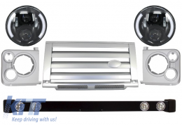 image-24-Front Bumper Assembly Grille & Covers  suitable for Land ROVER  Defender 90 110 (1990-2016) Silver SVX Design with 7 Inch CREE LED Headlights Half Halo Black