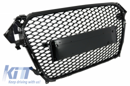 Предна Решетка без емблеми с Капаци за Халогени, подходящи за AUDI A4 B8 Facelift (2012-2015) RS Дизайн Медена пита Piano Black & PDC капаци-image-6062567