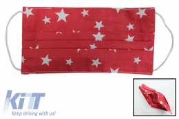 image-6-Package of 5 Red with stars Reusable Masks with Folds 100% Cotton 2 Layers Unisex Washable 5 Filters PPS 330 Microns