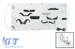image-7-Package of 5 white with mustaches Reusable Masks with Folds 100% Cotton 2 Layers Unisex Washable 5 Filters PPS 330 Microns
