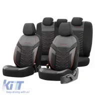 image-24-Seat Covers Otom Reflective Design Universal Jacquard / Rachel / Artificial Leather Front / Rear Set 11 Pieces Black With Red Stitch RFL-2601