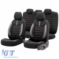 image-1-Seat Covers Otom Limited Design Universal Jacquard / Lacost / Artificial Leather Front / Rear Set 11 Pieces Black With Red Seams LMT-101
