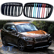image-1-Front Grilles suitable for BMW X1 F48 14-19 M4 Look with Double Grille Tri-Color Glossy Black 2 Pcs
