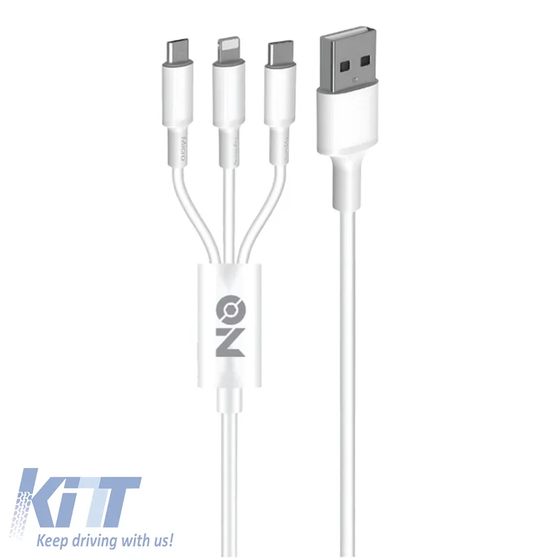 Fast Charge Cable USB 3 In 1 Suitable for Lightning, Micro, Type-C, White, 120cm ON Mobile Accessories, 1 Piece