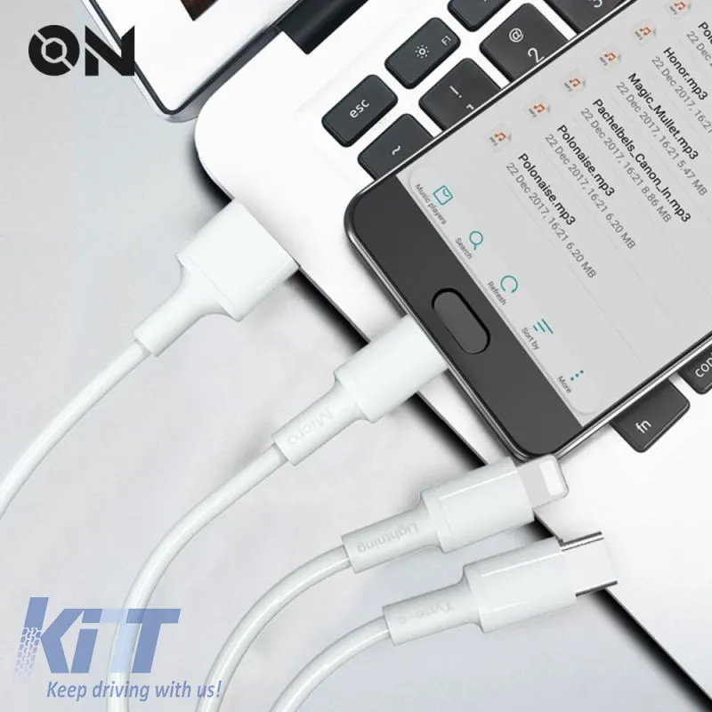 Fast Charge Cable USB 3 In 1 Suitable for Lightning, Micro, Type-C, White, 120cm ON Mobile Accessories, 1 Piece