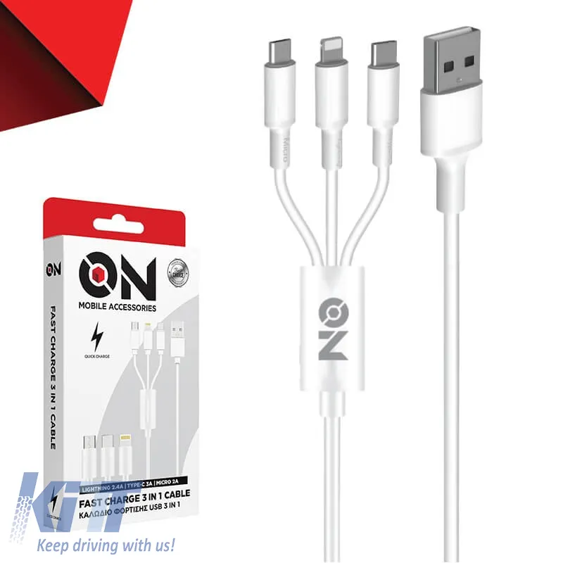 Fast Charge Cable USB 3 in 1 suitable for Lightning, Micro, Type-C, White, 120cm ON Mobile Accessories, 1 Piece