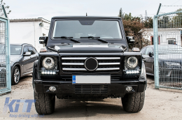 Fényszóró takaró LED DRL nappali menetfénnyel Mercedes G-osztály W463 (2002-2018), G65 dizájn króm-image-6097019