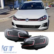 image-75-Fényszórókészlet VW Golf 7.5 17-19 Facelift DRL & Dinamikus irányjelző Fekete/Piros csíkos GTI Look H7 állítómotorral