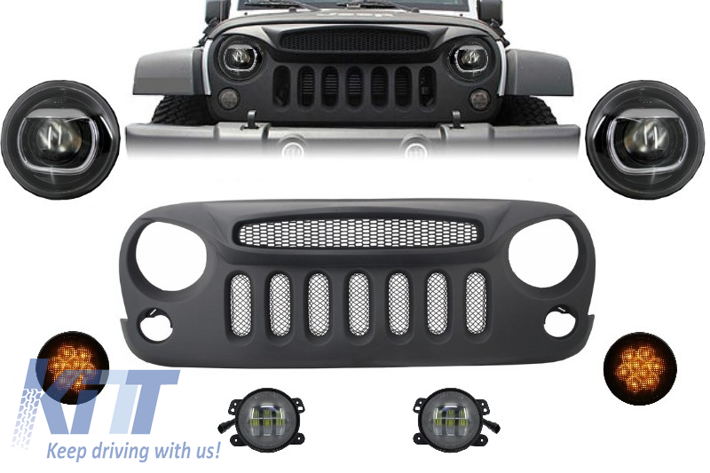 Front Assembly Grille and LED Lights suitable for JEEP Wrangler Rubicon JK ( 2007-2017) Angry Bird Design Specter Mask 