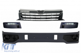 Front Bumper Add-on Spoiler with LED DRL suitable for VW Transporter Multivan Caravelle T5 T5.1 Facelift (2010-2015) and Badgeless Front Debadged Grille Sportline Design - COCBSVWT5OEFGDRL