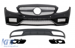 Front Bumper & Diffuser with Muffler Tips Black suitable for Mercedes C-Class W205 S205 (2014-2018) C63 Design - COCBMBW205NBFB