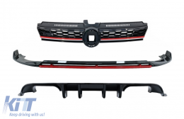 Front Bumper Lip Extension Spoiler with Central Badgeless Grille and Rear Diffuser suitable for VW Golf 7.5 Facelift (2017-2020) Piano Black & Red - COCBSVWG7DPBFGRD