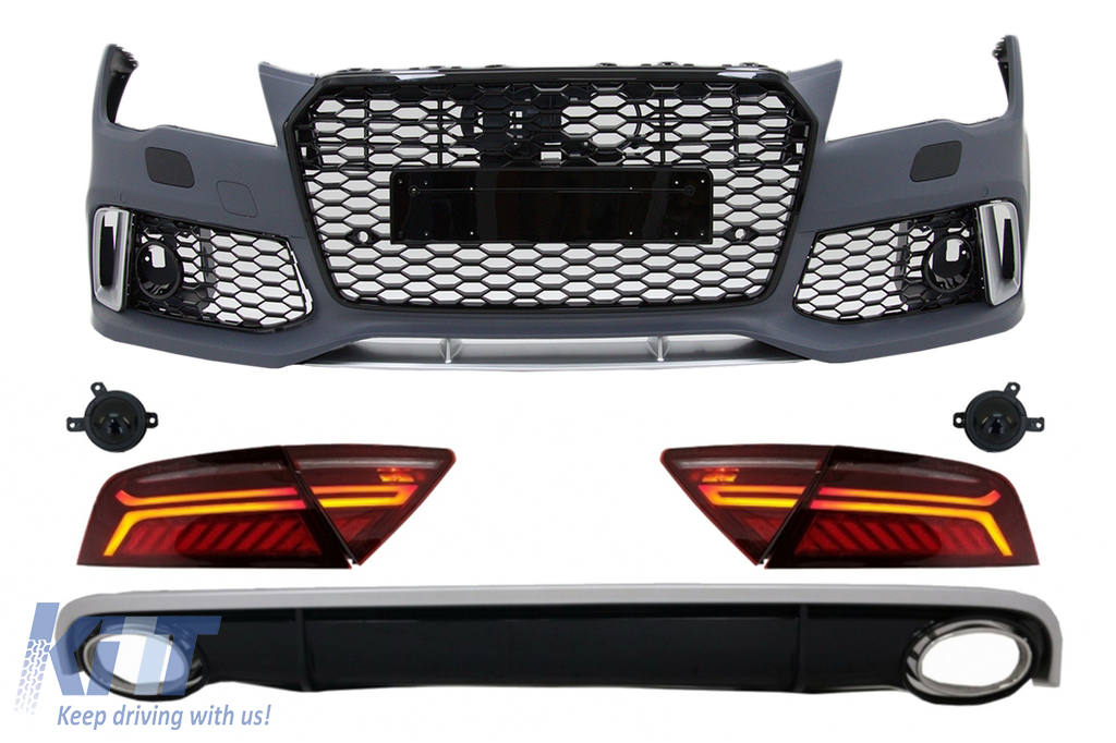 Első lökhárító és hátsó diffúzor kipufogóvégekkel és LED-es hátsó lámpákkal, alkalmas az Audi A7 4G Pre-Facelift (2010-2014) RS7 Designhoz