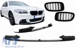 Front Bumper Spoiler Lip suitable for BMW 5 Series F10 F11 Sedan Touring (2011-2017) M-Performance Design With Double Stripe Piano Black Kidney Grille - COFBSBMF10MPTWDPB