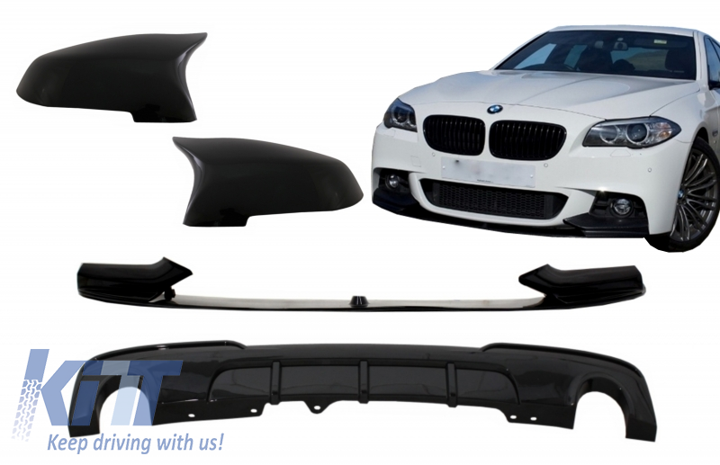 Első lökhárító légterelő ajak tükörborítással és diffúzorral, dupla kimenetű egy kipufogó, alkalmas BMW 5-ös sorozatú F10 F11 Sedan Touring (2015-2017) M-Performance Piano Blackhez
