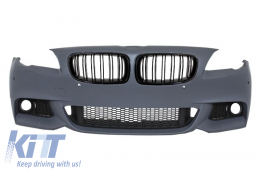 Front Bumper suitable for BMW F10 F11 5 Series (2011-2014) M-Technik Design with Kidney Grilles Double Stripe M Design Piano Black - COFBBMF10MTPDCWFG