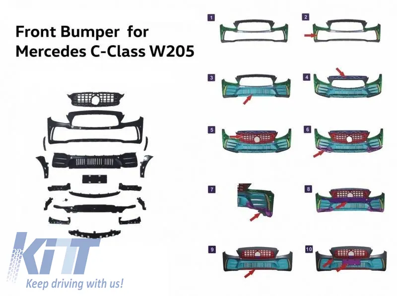 Front Bumper suitable for Mercedes-Benz C-Class C205/W205 14-21 GTR Look (Black Mamba) with Black/Chrome Grille (Black Mamba)