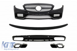 Front Bumper suitable for Mercedes C-Class C205 A205 Coupe Cabriolet (2014-2019) with Rear Bumper Valance Diffuser and Trunk Boot Spoiler C63S Design Silver Tips - COFBMBW205AMGTSPB