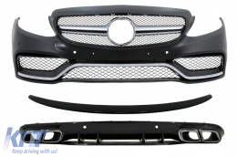 Front Bumper suitable for Mercedes C-Class C205 A205 Coupe Cabriolet (2014-2019) with Rear Bumper Valance Diffuser and Trunk Boot Spoiler C63S Design Silver Tips