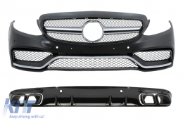 Front Bumper suitable for Mercedes C-Class C205 A205 Coupe Cabriolet (2014-2019) with Rear Bumper Valance Diffuser C63S Design All Black