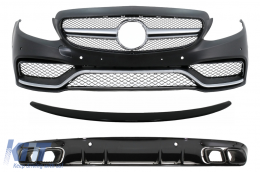 Front Bumper suitable for Mercedes C-Class C205 A205 Coupe Cabriolet (2014-2019) with Trunk Boot Spoiler and Rear Bumper Valance Diffuser C63S Design All Black