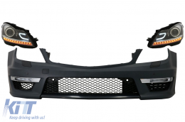 Front Bumper suitable for Mercedes C-Class W204 (2012-2014) C63 Facelift Design with Headlights DRL Black - COFBMBW204AMGF