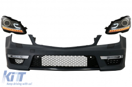 Front Bumper suitable for Mercedes C-Class W204 (2012-2014) C63 Facelift Design with DECTANE Headlights DRL Black Assembly - COFBMBW204AMGF