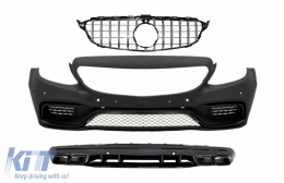Front Bumper suitable for Mercedes C-Class W205 S205 (2014-2018) with Central Grille Chrome and Rear Diffuser C63 Design - COFBMBW205AMGWOGWCCN