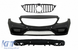 Front Bumper suitable for Mercedes C-Class W205 S205 AMG Sport Line (2014-2018) with Grille and Diffuser Muffler Tips Chrome C63 Design - COCBMBW205AMGWOGWCCNB