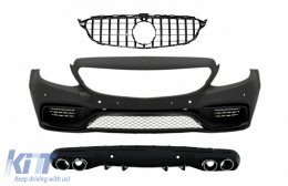 Front Bumper suitable for Mercedes C-Class W205 S205 AMG Sport Line (2014-2018) with Grille and Diffuser Muffler Tips Chrome C63 Design