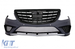 Front Bumper suitable for Mercedes S-Class W222 (2013-06.2017) S63 Design with Central Grille Piano Black - COFBMBW222AMGS63BPB