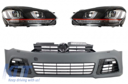 Front Bumper suitable for VW Golf VI 6 (2008-2013) R20 Look with Headlights 3D LED DRL U-Design LED Flowing Turning Light Red Stripe GTI - COFBVWG6R20HLR