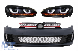 Front Bumper suitable for VW Golf VI 6 (2008-2013) GTI Look with Headlights Golf 7 3D LED DRL U-Design LED Flowing Turning Light Red Stripe GTI - COFBVWG6GTIPDCHL