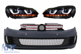 Front Bumper suitable for VW Golf VI 6 (2008-2013) GTI Look with Headlights Golf 7 3D LED DRL U-Design LED Flowing Turning Light Red Stripe GTI