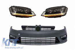 Front Bumper suitable for VW Golf VII 7 (2013-2017) R-line Look with Headlights 3D LED DRL FLOWING Dynamic Sequential Turning Lights Silver - COFBVWG7RLFW