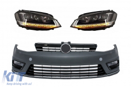 Front Bumper suitable for VW Golf VII 7 (2013-2017) R-line Look with Headlights 3D LED DRL Flowing Dynamic Sequential Turning Lights Silver - COFBVWG7RLFW
