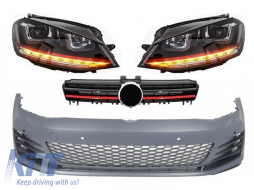 Front Bumper suitable for VW Golf VII Golf 7 2013-up GTI Look with Headlights 3D LED DRL RED Flowing Turn Light and Grille - COFBVWG7GTIGHLFW