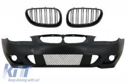 image-4-Front Bumper with Central Grilles Kidney Piano Black suitable for BMW 5 Series E60/E61 2003-2009 M-Technik Design Without Fog Lights