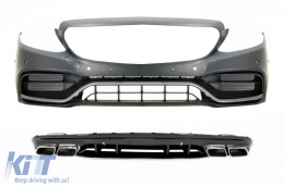 Front Bumper with Diffuser and Silver Tips suitable for Mercedes C-Class W205 S205 AMG Sport Line (2014-2020) C63S Design - CORDMBW205C63SFBB
