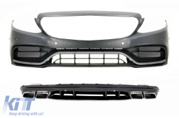 Front Bumper with Diffuser and Silver Tips suitable for Mercedes C-Class W205 S205 AMG Sport Line (2014-2020) C63S Design