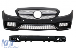 Front Bumper with Diffuser Double Outlet and Exhaust Tips suitable for Mercedes C-Class C205 Coupe A205 Cabriolet (2014-2019) C63 Design