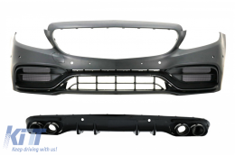 Front Bumper with Diffuser Double Outlet and Exhaust Tips suitable for Mercedes C-Class A205 Cabriolet C205 Coupe (2014-2019) C63 Design Piano Black