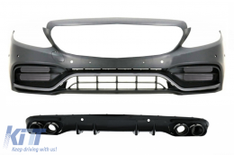 Front Bumper with Diffuser Double Outlet and Exhaust Tips suitable for Mercedes C-Class A205 Cabriolet C205 Coupe (2014-2019) Facelift Design