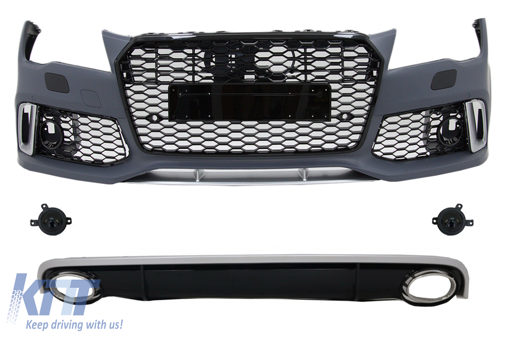 Első lökhárító diffúzorral és kipufogóvégekkel, alkalmas AUDI A7 4G Pre-Facelift (2010-2014) RS7 Designhoz