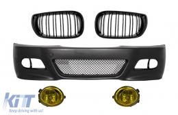 Front Bumper with Fog lights suitable for BMW 3 Series E46 (1998-2004) M3 Look and Central Kidney Grilles Double Stripe M Design Piano Black - COFBBME46M3WFNLYFG