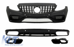 Front Bumper with Front Grille GT-R suitable for Mercedes C-Class C205 A205 Coupe Cabriolet (2014-2019) and Rear Bumper Valance Diffuser C63S Design All Black - COFBMBW205AMGWOGFGRDFB