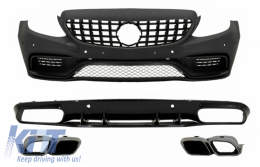 Front Bumper with Grille GT-R Panamericana suitable for Mercedes C-Class C205 A205 Coupe Cabriolet (2014-2019) and Rear Bumper Valance Diffuser C63S Design Silver Tips