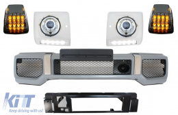 Front Bumper with Headlights Covers LED DRL suitable for Mercedes G-Class W463 (1989-up) Headlights Chrome and Turning Lights G65 Design - COFBMBW463AMGPC